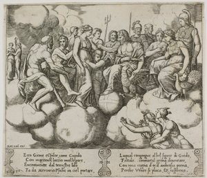 Venus och Amor vädjar om sin sak i närvaro av Jupiter och andra gudar av Master of the Die