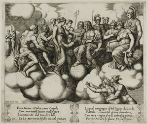 Venus och Amor vädjar om sin sak i närvaro av Jupiter och andra gudar av Master of the Die