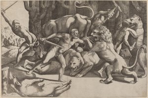 Fem män som slåss vid odjur av Master of the Die after Giulio Romano