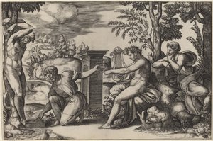 Apollo och Marsyas av Master of the Die after Raphael
