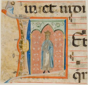 Kvinnligt helgon i ett historiserat initialt "L" från en körbok av Master of the Dominican Effigies