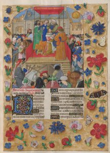 David kröntes till kung av Israel. Psaltaren. Saul smörjer David och Davids kröning till Israels kung. Psalm 26, som börjar med dekorerad initial "D". Kanter av trompe l