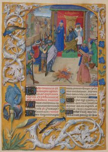 Nebukadnessar bränner böckerna. Psaltare. Nebukadnessar presiderar över bränningen av böcker vid förstörelsen av Jerusalem. Psalm 1. Kant av trompe l