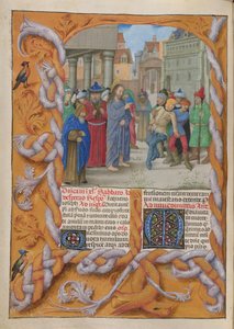 Temporale (första delen: från första söndagen i advent till heliga lördagen). Kristus driver ut en stum djävul (tredje söndagen i fastan). Kant och två kolumner med text, med initialer.