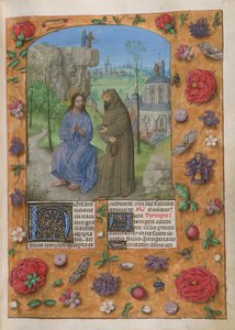 Kristi frestelse. han Temporale; Fastan 1. Kristus med djävulen, klädd som en munk, som håller i en sten. Bakom de andra frestelserna; Kristus och djävulen på en klippa och på templets kupol. Text med dekorerad initial "H". Kanter av trompe l