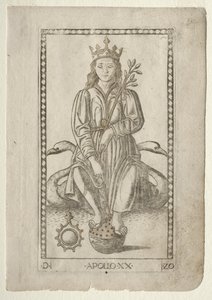 Apollo från Tarocchi, serie D: Apollo and the Muses, #20, före 1467. av Master of the E Series Tarocchi