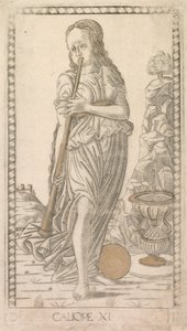 Calliope från Tarocchi-serien D: Apollo and the Muses, #11, före 1467. av Master of the E Series Tarocchi