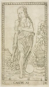Calliope, tallrik elva från Apollo and the Muses av Master of the E Series Tarocchi