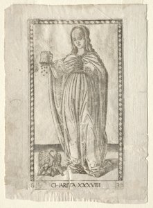 Välgörenhet från Tarocchi, serie B: Cosmic Principles & Virtues, #38, före 1467. av Master of the E Series Tarocchi