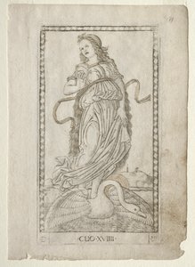 Clio-historia från Tarocchi-serien D: Apollo and the Muses, #19, före 1467. av Master of the E Series Tarocchi