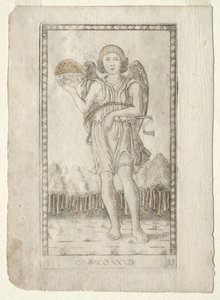 Genius of the World från Tarocchi, serie B: Cosmic Principles & Virtues, #33, före 1467. av Master of the E Series Tarocchi