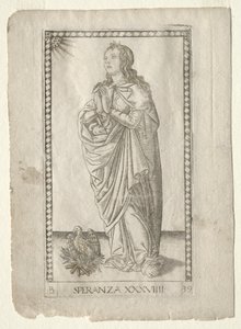 Hopp från Tarocchi, serie B: Cosmic Principles & Virtues, #39, före 1467. av Master of the E Series Tarocchi