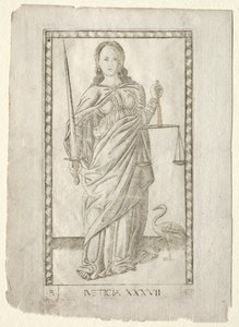Rättvisa från Tarocchi, serie B: Cosmic Principles & Virtues, #37, före 1467. av Master of the E Series Tarocchi