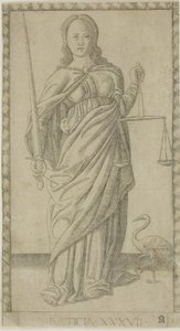 Justice, skylt 37 från Genii and Virtues av Master of the E Series Tarocchi