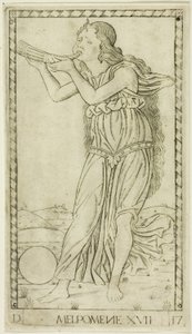 Melpomene, tallrik sjutton från Apollo and the Muses av Master of the E Series Tarocchi