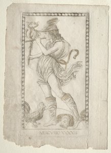Mercury from the Tarocchi, serie A: Firmaments of the Universe, #42, före 1467. av Master of the E Series Tarocchi