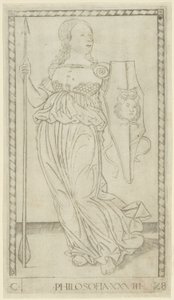 Filosofi, tavla 28 från Arts and Sciences av Master of the E Series Tarocchi