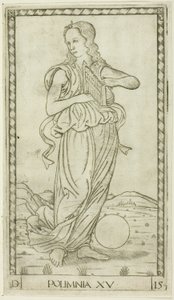 Polyhymnia, tavla femton från Apollo and the Muses av Master of the E-Series Tarocchi