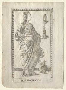 Prudence från Tarocchi, serie B: Cosmic Principles & Virtues, #35, före 1467. av Master of the E Series Tarocchi