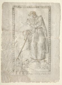 Saturnus från Tarocchi, serie A: Universums firmament, #47, före 1467. av Master of the E Series Tarocchi