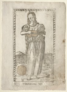 Terpsichore-dans och sång från Tarocchi-serien D..., före 1467. av Master of the E Series Tarocchi