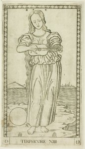 Terpsichore, tallrik tretton från Apollo and the Muses av Master of the E Series Tarocchi