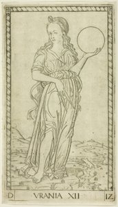 Urania, tallrik tolv från Apollo and the Muses av Master of the E Series Tarocchi