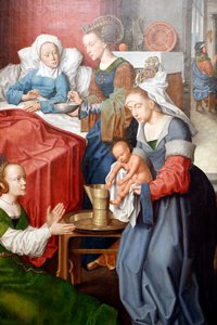 Evora Museum. Evoras altartavla mästare. Jungfruns födelse. Olja på panel. Flamländska skolan 1500. Portugal.