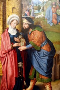 Evora Museum. Evoras altartavla mästare. Mötet mellan Joachim och Anna inför Gyllene porten. Olja på panel. Flamländska skolan 1500. Portugal.
