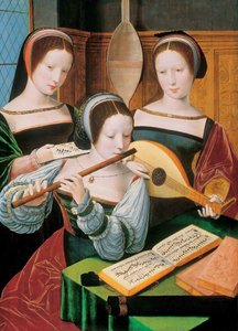 Nederländska: Musicerend gezelschap Kvinnliga musiker / Tre damer som spelar musik av Master of the Female Half Lengths