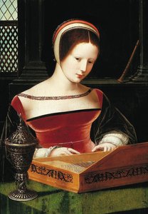 Dam som spelar på en klavikord. av Master of the Female Half Lengths