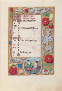 Hours of Queen Isabella the Catholic, Queen of Spain: Fol. 11r, oktober, ca. 1500. av Master of the First Prayerbook of Maximillian