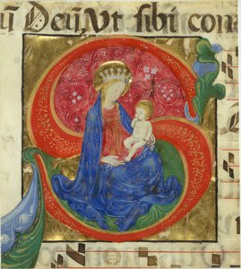 Manuskriptbelysning med jungfrun och barnet i en inledande S..., mitten av 1400-talet. av Master of the Franciscan Breviary