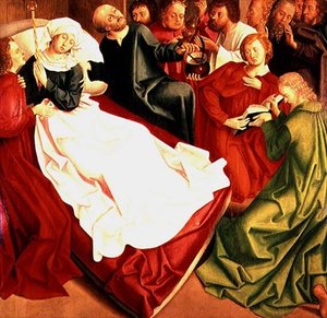The Death of the Virgin (olja på panel) av Master of the Freising Visitation