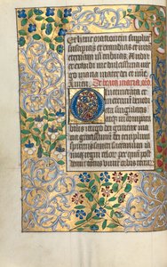 Tidsbok Användning av Rouen: fol. 22v, stort initialt O med utarbetad kant, ca. 1470.