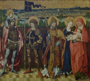 St. Anne, Jungfrun och barnet, St. Christopher, St. Gereon och St. Peter i ett landskap, som visar Köln och de sju kullarna, ca 1460-80 (ek)