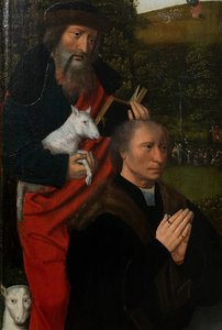 Detalj av den vänstra panelen av Jungfrun och barnet med St. Catherine och St. Barbara, ca 1520-25 (olja på panel)