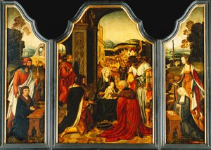Triptyk: Adoration of the Magi, med St. James som presenterar givaren och St. Catherine of Alexandria presenterar givarens fru och två döttrar