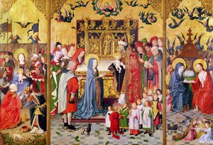 Altartavla över Jungfruns sju glädjeämnen, föreställande magiernas tillbedjan, presentationen i templet och Kristus som visar sig för Maria, ca 1480 av Master of the Holy Family