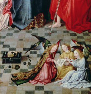 The Seven Joys of the Virgin Altarpiece: detalj av tre sjungande änglar, ca 1480 (panel) (detalj av 5896) av Master of the Holy Parent