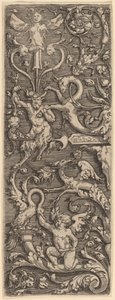 Prydnad med en Amor, en Satyr och Groteska figurer av Master of the Horse Heads