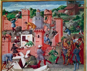 Byggandet av staden Rom. Tvillingarna Romulus och Remus besöker platsen (besiktning av arbete och förarbete). Arbetarna är aktiva i uppgiften: Macons, Stenskräddare, bärare, marmor och cement (förbereder cement) på jobbet. Miniatyr i "" Romuleon. av Master of the Innocent III missal