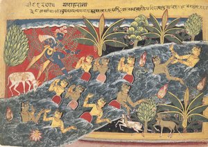 The Gopis vädjar till Krishna att lämna tillbaka sina kläder..., ca. 1560-65. av Master of the Isarda