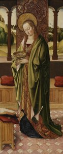 Triptyk av Jungfru och barn med två änglar, detalj av St. Lucy från höger panel, ca 1500 (se även 225326, 225327) av Master of the Lee Triptych Master of the Lee Triptych
