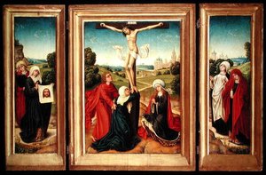 Triptyk med den centrala panelen föreställande korsfästelsen med Jungfrun, St. Johannes och Maria Magdalena; den vänstra flygeln: St. Veronica och en kvinnlig helgon; och högervingen: The Two Marys (olja på panel) av Master of the Legend of St. Catherine