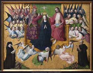 Marias kröning. Representation av den heliga treenigheten: Gud, Jesus Kristus och den helige Andes duva (Helige Ande). Målning av Lyversbergers passionsmästare (aktiv 1460-1490), olja på trä, tidig tysk konst 1400-talet. München, Alte av Master of the Lyversberg Passion