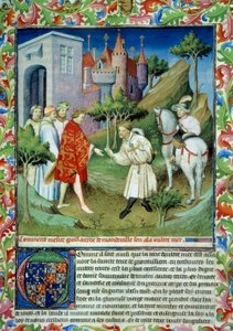 John of Mandeville (1300-1372) tog ifrån kung Edward II och lämnade England. Miniatyr i "" The Book of the Wonders of the World"" Ms 2810. Folio 141. Manuskript belyst av Mästaren av Mazarine, skrivet av John (Jehan) av Mandeville (1300? -1372)