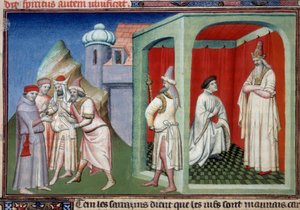 John of Mandeville och sultanen. Kontrovers mellan kristna och muslimer representerade av Jean de Mandeville, upptäcktsresande från Liège (1300-1372) och sultanen av saracenerna. Miniatyr i "" The Book of the Wonders of the World"" Ms. 2810 Folio 175v. Man