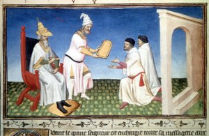 Marco Polo och Mattia Polo tar emot donationer från Kubilay Khan, - Miniatyr hämtad från "The Book of Wonders"" ("" Devisement of the World", "" The Million") av Marco Polo (1254-1324) (Ms , folio 3v) upplyst av Mästaren av Mazarine, cirka 1410-1412
