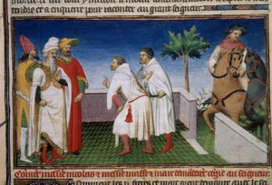 Matteo och Niccolo, bröderna Polo ber om conge från Qubilai (Kubilai Khan, förste kejsare av den mongoliska Yuan-dynastin (1215-1294) Miniatyr hämtad från "" The Book of Wonders""" ("" Världens avvikelse"" , “” Il Milione””) Ms. 2820 folio 6. Enlu